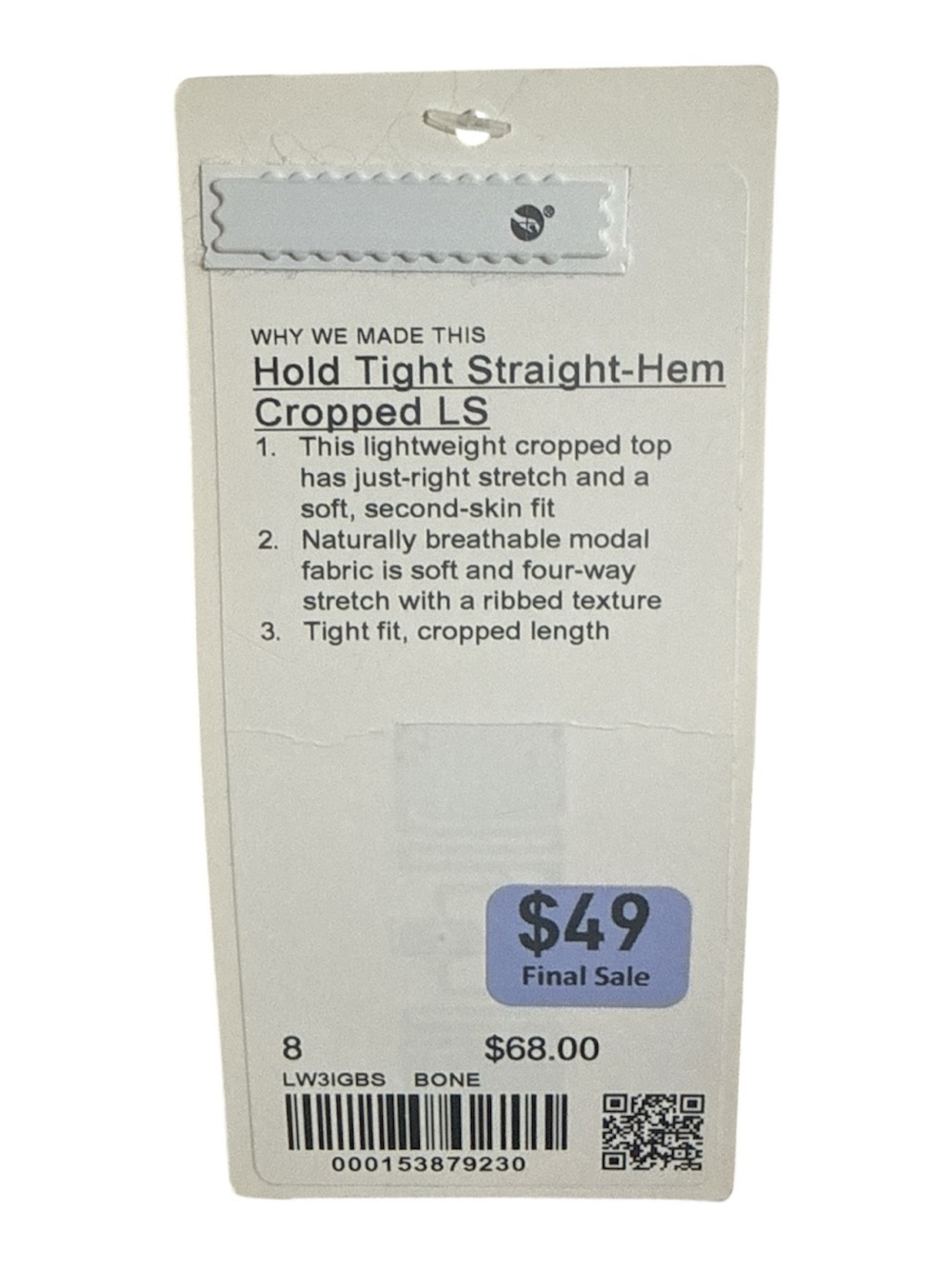 Lululemon Hold Tight Straight-Hem Cropped LS Bone Size 8 NWT - Picture 6 of 6